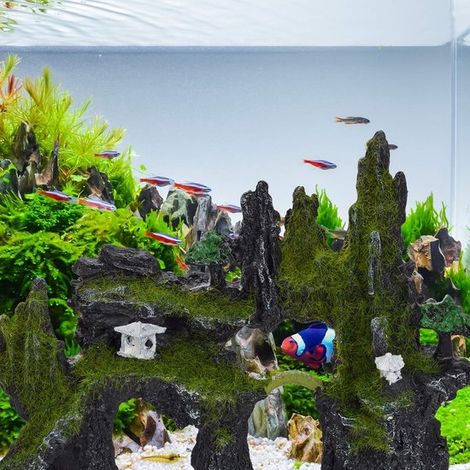Großes Berglandschaft-Aquarium-Dekor mit Brücke und Pavillon – 21,8 x 7,7 x 16,7 cm, Dekorationsobjekt für jedes Aquarium