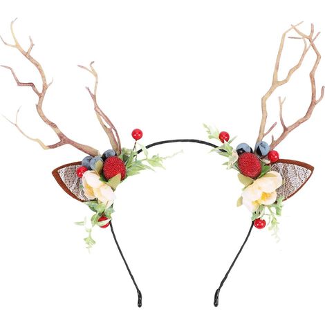 Bandeau Couronne de Fleurs en Bois de Cerf, Bandeau de Coiffure de Cosplay de Renne de Fleur de Fée avec Oreilles en Dentelle Branche D'arbre de Baies de Myrtille (1/5)