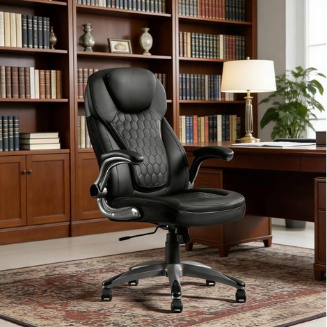 Chaise de bureau 67.5x73x110.5-120 cm noire en PU, maille et métal avec dossier haut et accoudoirs relevables (1/5)
