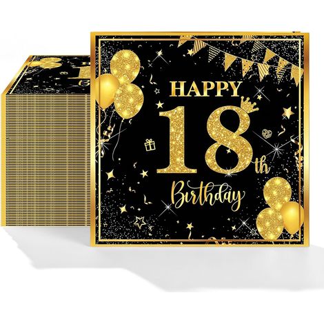 40 schwarze und goldene Servietten zum 18. Geburtstag, 33 x 33 cm, Dekoration zum 18. Geburtstag, Dekoration zum 18. Geburtstag für Jungen, elegante Party-Papierservietten für Männer und Frauen (1/5)