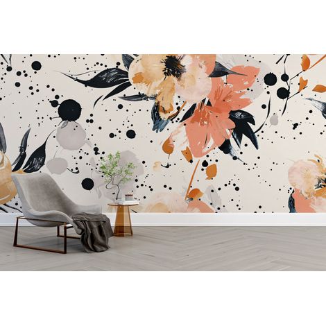 Papier peint fleuri - fleurs abstraites et éclats de peinture noirs - 150 x 250 cm (1/2)