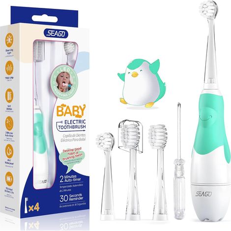 Brosse à dents électrique, pour enfant et bébé, à partir de 0 à 3 ans, avec lumière LED, minuteur, étanche, IPX7, vert bébé (1/5)