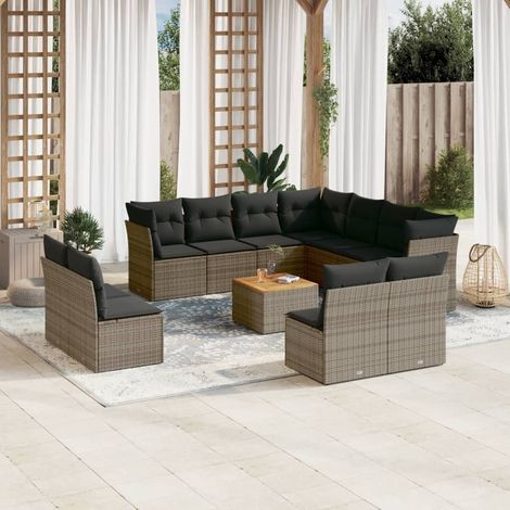 [Canapé de Jardin] + Salon + Gris + Tressé Résine + 12 Pièces avec Coussins Amovibles (1/3)