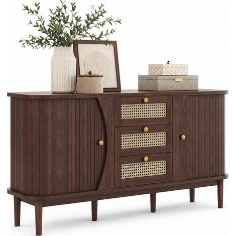 Sideboard en bois foncé et résine tressée avec 3 tiroirs, portes coulissantes, bords arrondis et rangement pratique, 140,5 cm  CHICFURN (1/5)