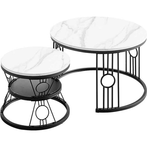 Tavolino 70x70x45cm, tavolino da caffè rotondo gigogne in placaggio di marmo, MDF, nero (1/4)