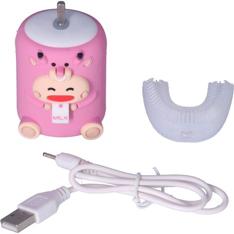 Automatische Zahnbürste mit Vibration, U-Form, wasserdicht, batterieaufladbar, niedliche elektronische Zahnbürste für Kinder, rosa (1/5)