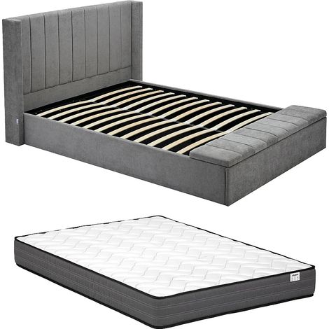 Letto con contenitore 140 x 190 cm con panca Tessuto Grigio + Materasso - DOUINO (1/5)