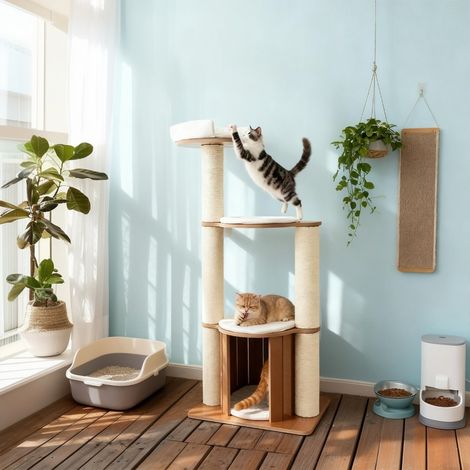MEUBLES COSY Arbre à chat de 135 cm, plateforme à trois niveaux, un couchage pour chat, tronc épaissi de 12 cm, tapis amovible et protection anti-basculement, imperméable et résistant à l'humidité. (1/5)