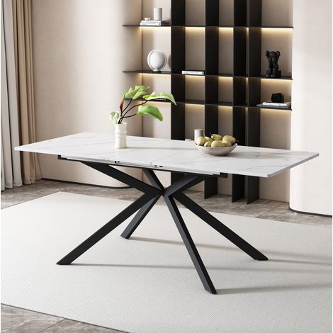 Table extensible MDF Schwarz/Weiß mit Marmorstruktur, Metall-Kreuzgestell, 150/180x70x76 cm (1/5)