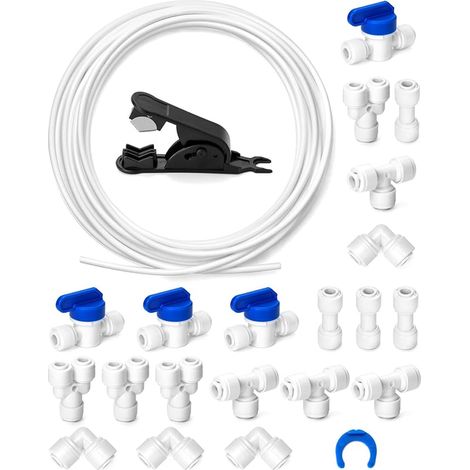 10 m 6.35 mm (1/4") Kit de Tuyau Eau Réfrigérateur, (Y + T + I + L Type Combo + Vanne d'arrêt) avec coupe-tuyau, Convient à la plupart des congélateurs (1/3)