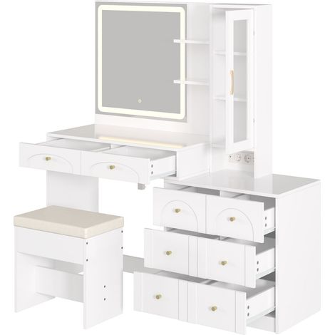 Grand meuble coiffeuse avec miroir LED, prise de courant, 8 tiroirs et tabouret – coiffeuse moderne avec 2 étagères et 1 armoire en verre, grand espace de rangement pour la chambre, blanc, 131.5x40x14
