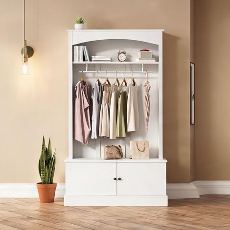 Meuble d'entrée blanc avec porte-manteaux et banc à chaussures (1/5)