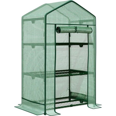 Mini-Gewächshaus Anzuchtgewächshaus Mit Folienabdeckung Und 3 Regalböden Regale Rolltür Gemüsebeet Grün 69 X 49 X 125 Cm