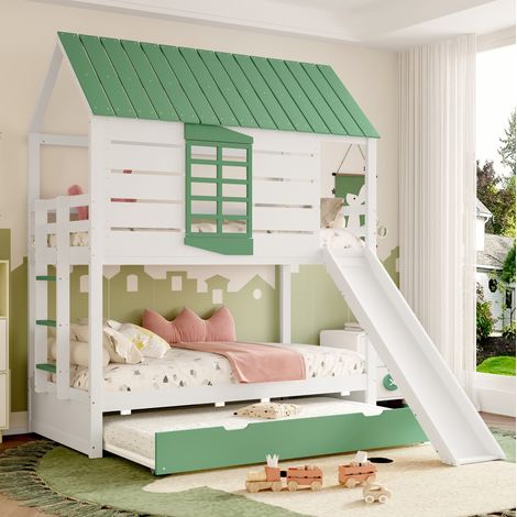 Lit superposé enfant en bois et MDF blanc et vert 90x200 cm avec toboggan, lit gigogne et structure maison (1/5)