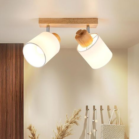 Ceiling Light with 2 Adjustable Spotlights, Retro Wood Base, E14 Wall Light for Living Room, Bedroom, Kitchen (1/5)