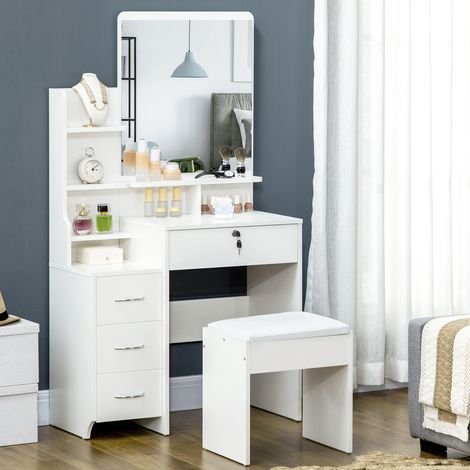 Ensemble de coiffeuse avec tabouret rembourré grand miroir + plusieurs étagères ouvertes + 4 tiroirs blanc