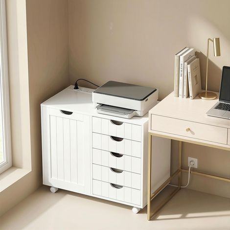 Mobile per stampante con stazione di ricarica e ruote, 5 cassetti, porte USB, ripiano regolabile, bianco.