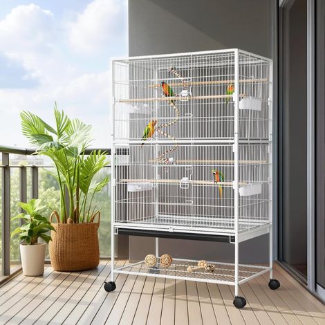 Vogelkäfig groß,Vogelkäfig aus Metall,mit Futternapf,Käfigspielzeug  Vogelbauer mit 4PCS Rollen, Wellensittich käfig, Spring-Schaukel für Vogel mit 2 Türen 4 Holzstangen, 132 x 78 x 52 cm (1/5)