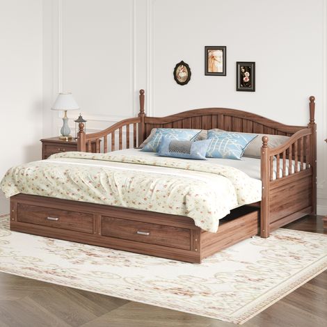 Canapé convertible en bois massif, 90/180x190 cm, colonnes romaines, dossier et accoudoirs galbés, tiroirs, sommier à lattes, lit escamotable pin-noyer. (1/5)