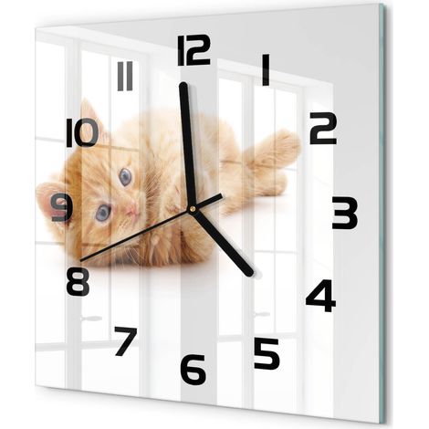 Horloge Murale Carrée Verre Trempé Design Épuré Silencieuse pour Intérieur Chat roux 30x30 cm (1/5)