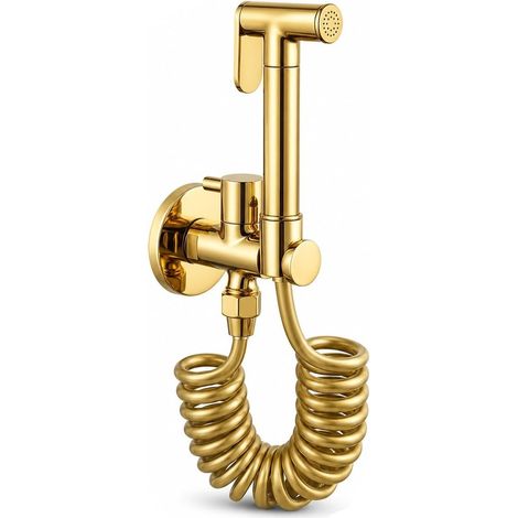 Douchette Bidet WC Murale Or en Laiton, Kit Robinet Hygiénique avec Tuyau Flexible Spiralé 2,3 m, Support Mural, Connexion G1/2 pour Salle de Bain (1/5)