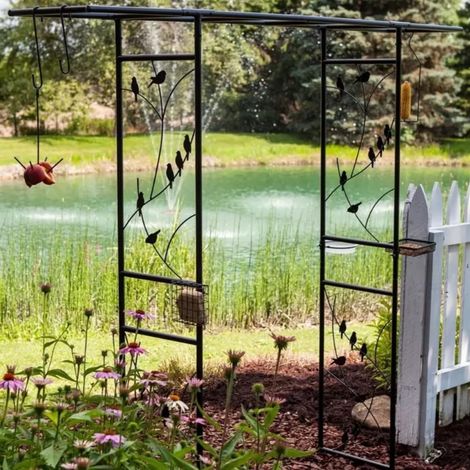 Garden Arch with Bird Feeder Station Metal 2m Climbing Plant Support Steel Arch with Hooks Bird Bath Trellis Frame