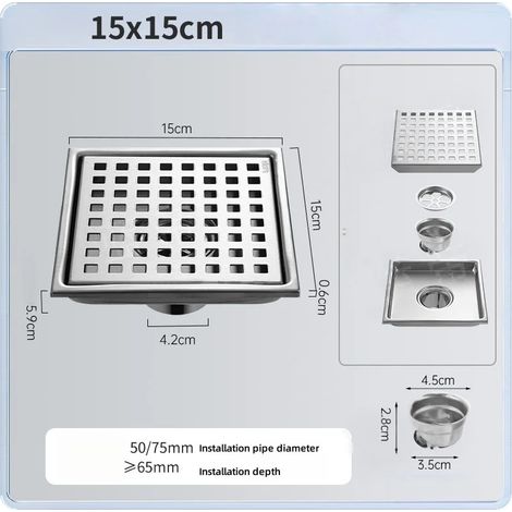 (silver 15x15cm)Stainless steel Floor Drains Tile Invisible Embedded Grid Shower Deodorant Floor Drain Kitchen Bathroom Hardware Fittings (1/4)