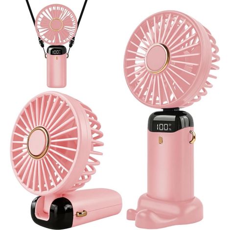 Ventilador Portátil - USB Recargable - 5 Velocidades - Plegable 90° - Con Soporte y Cordón Transporte - Para Oficina y Exterior - Rosa (1/5)