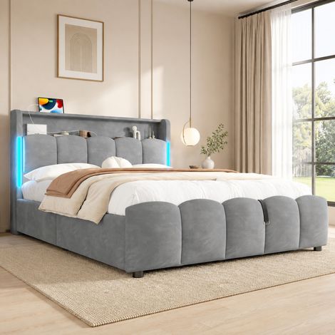 Bett 140x200 cm grau aus Samt mit LED-Beleuchtung, Kopfteil-Staufach und hydraulischem Stauraum (1/5)