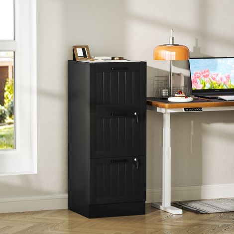 Caisson bureau. meuble rangement bois 3 tiroirs et serrure. barres de suspension réglables. 40 x 40 x 101 cm. noir (1/5)