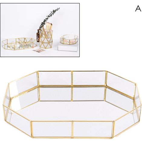 Plateau rétro en laiton avec verre, organiseur de maquillage, plat à desserts et snacks, présentoir à bijoux, décoration cuisine maison (1/4)