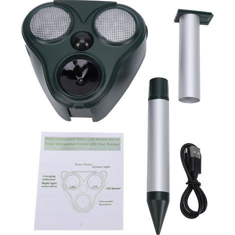 Répulsif Animal à Ultrasons, alimenté par L'énergie Solaire avec Capteur Infrarouge, 5 Modes, Lampes de Poche LED et Alarme Vocale pour Jardin, Cour et Ferme (1/5)