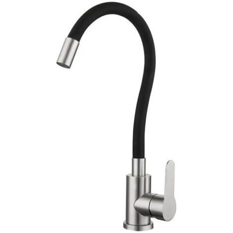 Robinet de cuisine flexible avec bec haut pivotant, mitigeur d'évier monotrou, chrome et noir, eau chaude et froide (tuyau flexible) (1/4)