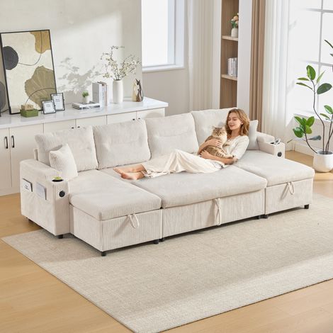 Canapé d'angle en U avec Porte-gobelet et ports USB,canapé lit 4 places, anapé Convertible avec espaces de Rangement,Velours côtelé(Beige) (1/5)