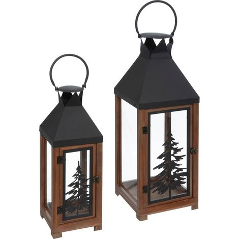 Lanterne en bois avec cadre en métal et poignée, 2 pièces (1/5)