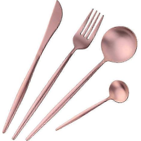 Ensemble de couverts 4 pièces en acier inoxydable doré rose doré : couteau, fourchette et cuillère. (1/5)