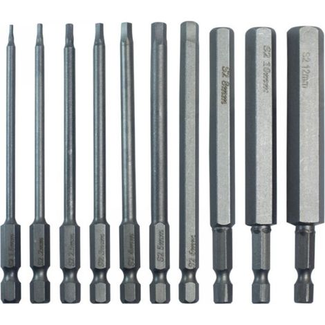 100 mm langer Sechskant-Bit-Satz mit Aufbewahrungsmöglichkeit, S2-Sechskantschaft H1,5–H12, farbiger Metall-Inbusschlüssel, 10-teilig (1/4)