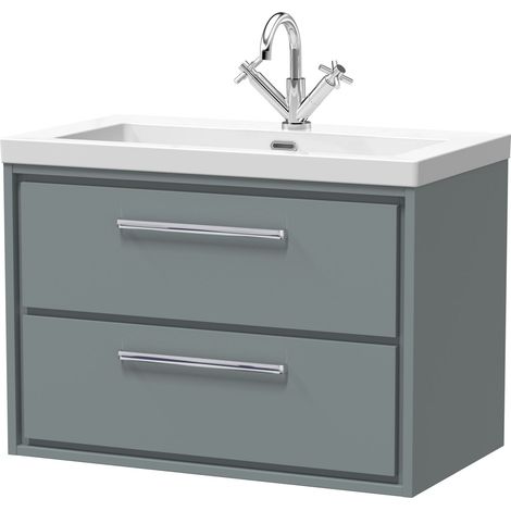 Balterley Longnor Modern Bathroom 2 Soft-Close Drawer Wall Hung Vanity Unit Fireclay Basin, Coastal Grey, 800mm