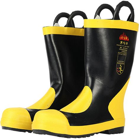 Bottes de sapeur-pompier montantes, chaussures d'intervention anti-feu antidérapantes en caoutchouc, taille 41, protection extincteur, usage professionnel. (1/5)