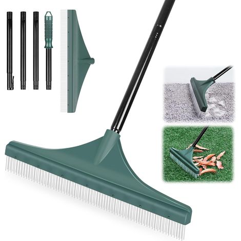 Râteau de jardin en plastique avec brosse pour gazon artificiel et manche en trois parties (132 cm), brosse PBT pour pelouse et moquette. (1/5)