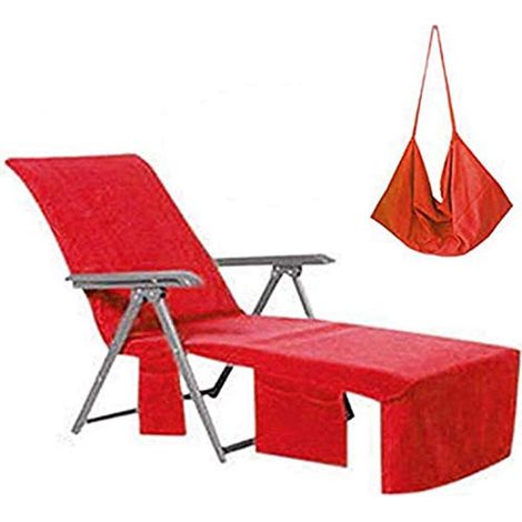 Housse de chaise longue en microfibre, serviette de plage et de piscine, avec poches pour bronzer en vacances (rouge) (1/4)