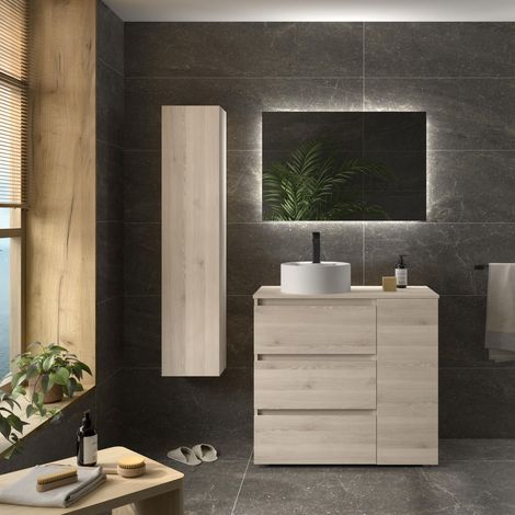 Meuble de salle de bain BEQUIA PLUS 3C 90cm Naturel Vasque à poser Porcelaine Côté réversible 1P (1/5)