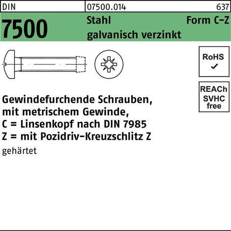 DIN 7500 Form C Gewindefurchende Linsenkopfschraube VG M2,5x16 Stahl galvanisch verzinkt PZ 1000 Stk (1/2)