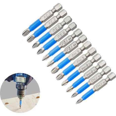 Lot de 12 embouts de tournevis magnétiques antidérapants en acier S2 Embouts de tournevis électriques pour tournevis à percussion manuels électriques et perceuse PZ1, PZ2, PZ3, PH1, PH2, PH3 (1/5)