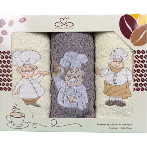 Juego de paños de cocina "Kuchcik" - estampado chef 30x50 beige c, crudo