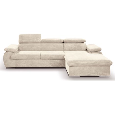 Casa Baoli – Canapé d'angle droit convertible velours côtelé beige – Têtières réglables – Coffre de rangement – Mousse haute résilience 30kg/m3