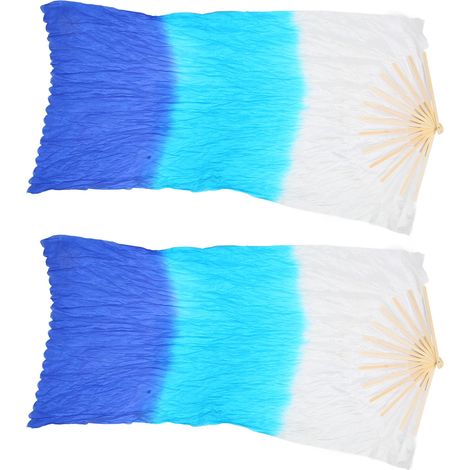 Set aus 2 künstlichen Seidenfächern, 1,5 m lang, für Bauchtanz, aus Bambus, dreifarbig (weiß, türkis, blau). Zubehör für Square Dance.
