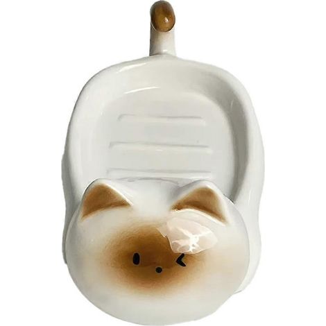 Porte-savon en céramique représentant un chat siamois, motif dessin animé mignon, sans perforation, petit égouttoir décoratif blanc pour usage domestique (1/5)