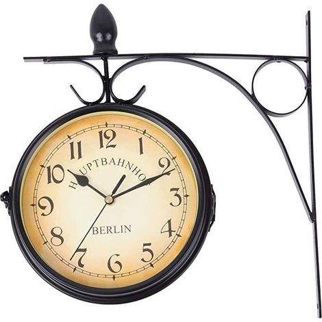 Ridgeyard Horloge de Gare Rétro, Horloge Murale Double Cadran avec Potence de Fixation Pendule Double Face pour Cuisine Cour Séjour (1/4)