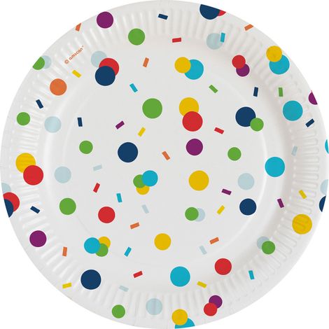 Assiettes d'anniversaire à confettis colorés 18 cm, lot de 8.